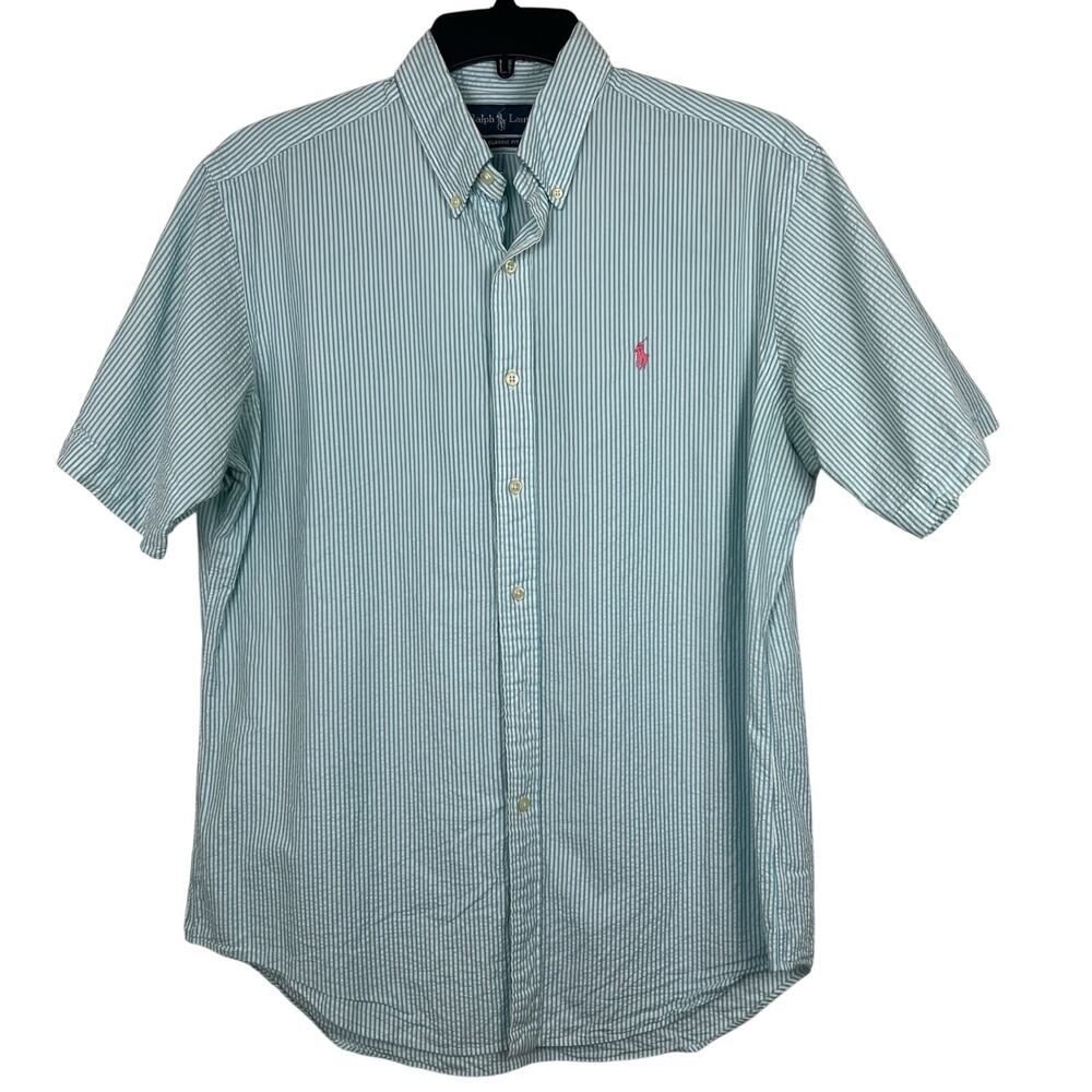 Ralph Lauren Seersucker Shirt men's Large classic fit, blue\ white stripe